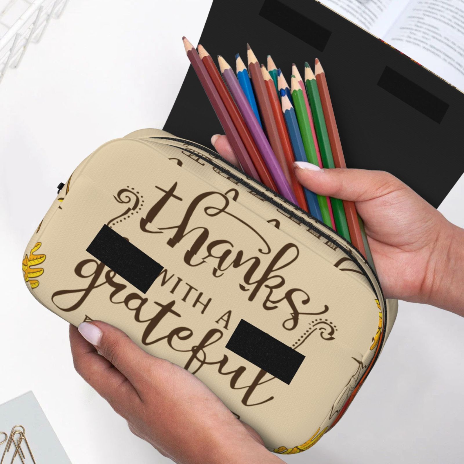 Rateoe Thanksgiving With A Grateful Heart Pattern Double Clamshell Pen Case, Storage Organizer with Two Zipper Compartments– Holds Up to 50 Pencils & Pens