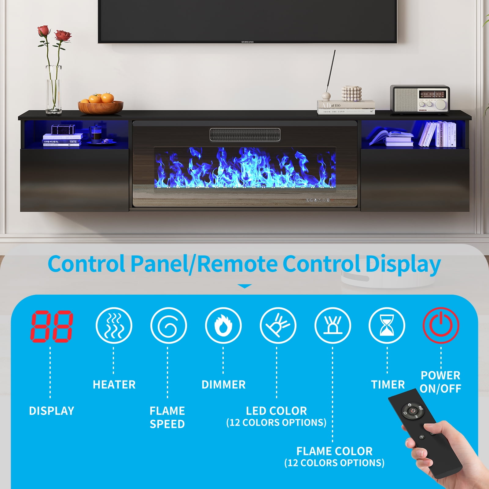 TABU 70" Wall Mounted Electric Fireplace TV Stand, Entertainment Center for TVs up to 80",Black