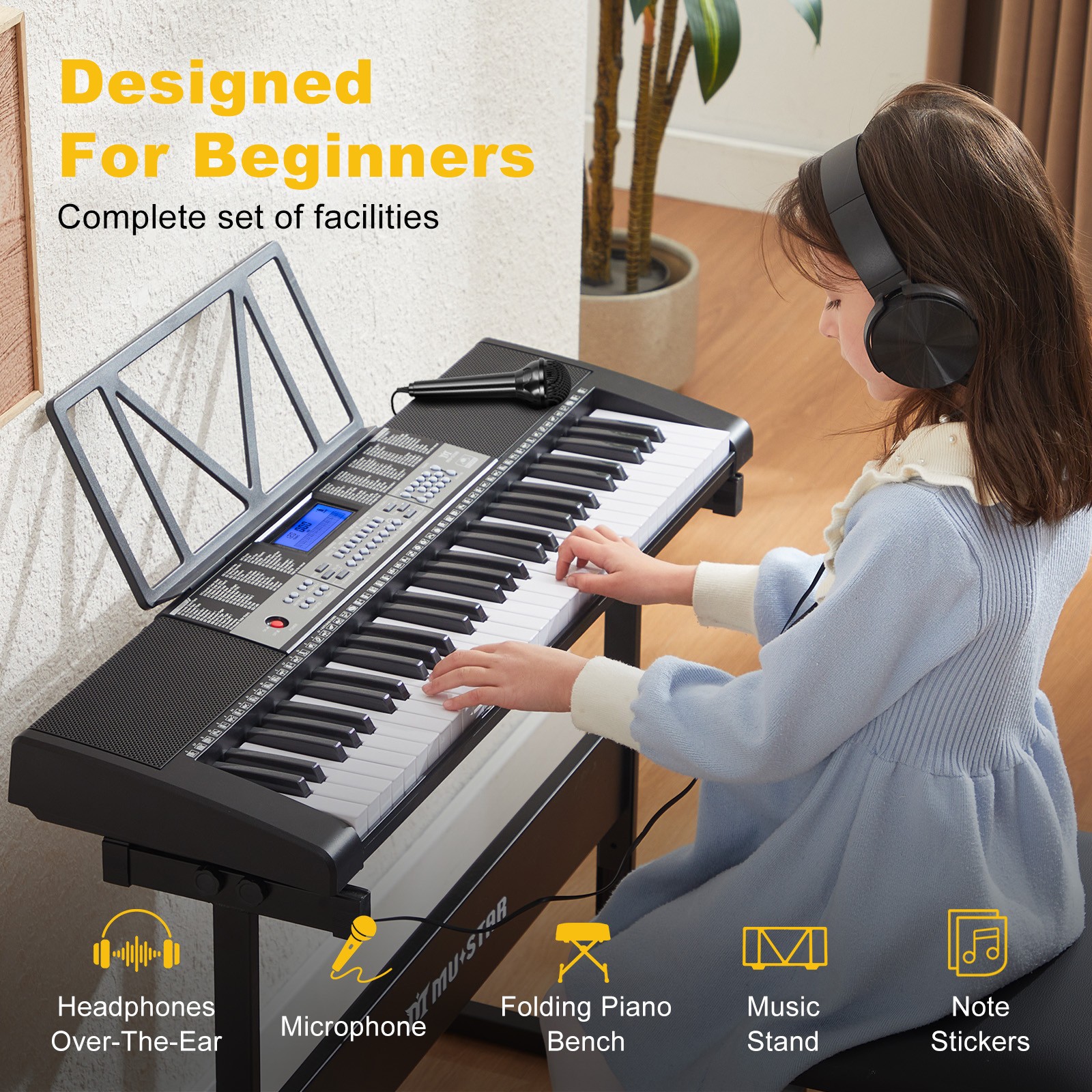 61 Keys Electric Piano Keyboards with Lighted Up Keys,255 rhythms,Bench,Stand,Headphone,Microphone(Black)