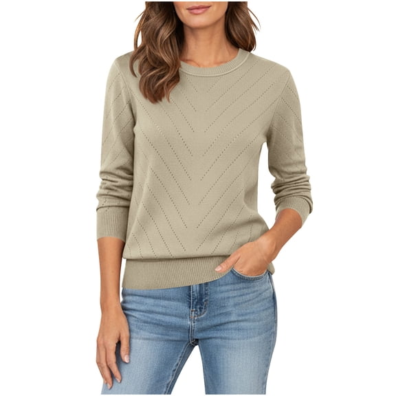 TKLPEHG Womens Sweaters Solid Color Crew Neck Long Sleeve Tops Comfy Knit Soft Pullover Sweaters Dressy Casual Shirts Fashion Clothing (Beige,M)