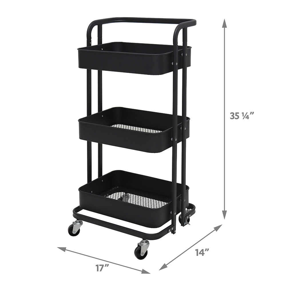 3 Tier Foldable Rolling Utility Cart-Black