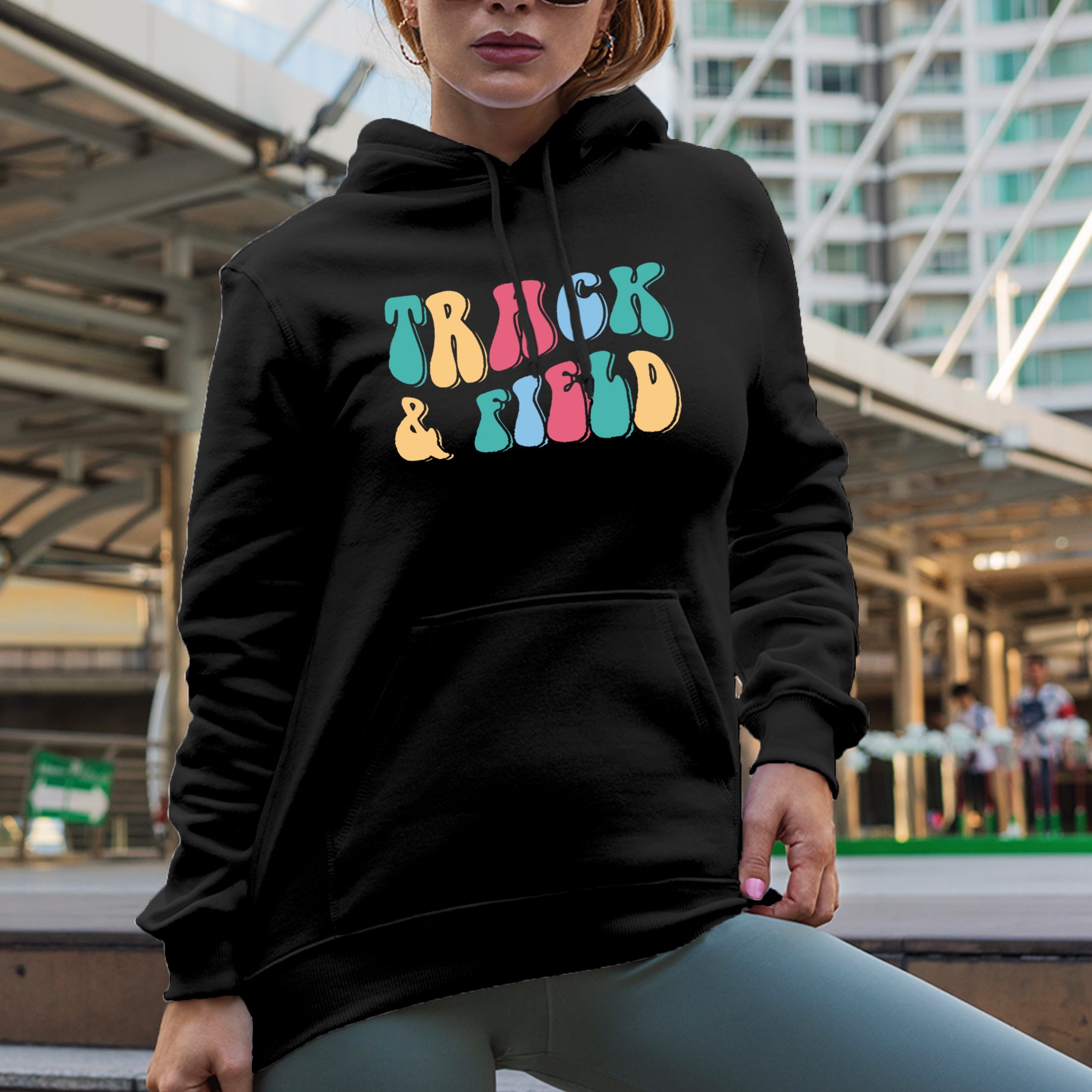 Track & Field, Sports or Athlete Themed, Groovy Retro Wavy Text Merch Gift, Black Hooded Sweatshirt or Hoodie, Small