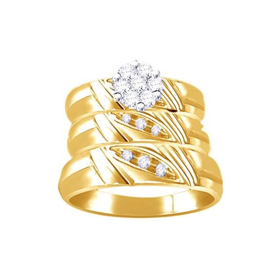 AFFY White Natural Diamond Engagement & Wedding Trio Band Ring Set In 10k Yellow Gold (0.25 Cttw)