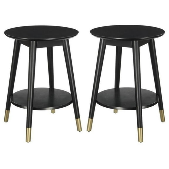 Home Square Wilson Mid-Century Round End Table in Black Wood Finish - Set of 2