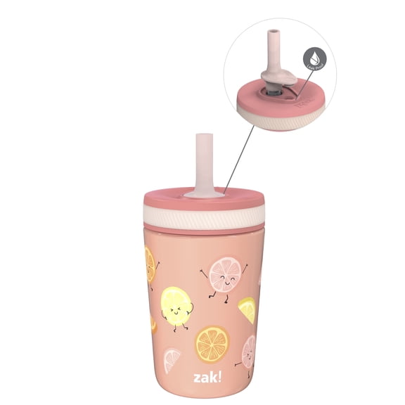 Zak Designs 12oz Kelso Toddler Cups For Travel or At Home, Vacuum Insulated Stainless Steel Sippy Cup With Leak-Proof Design is Perfect For Kids (Happy Fruit)