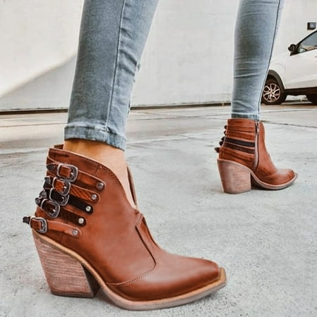 

Women s Automn Winter Zip up Boots Ladies Outdoor Pointed Toe Square Heels Shoes