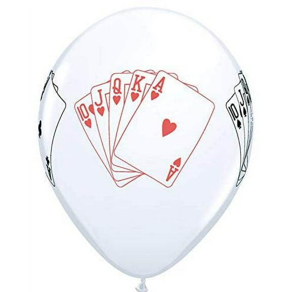 11" Casino Night Straight Flush 4 Sided Print White Latex Balloons 10 Count - Hearts, Diamonds, Clubs and Spades