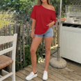 thumbnail image 5 of VJGBEGW Women Off The Shoulder Tops Oversized Short Sleeve Shirts Summer Casual Fashion Tees Red M, 5 of 9