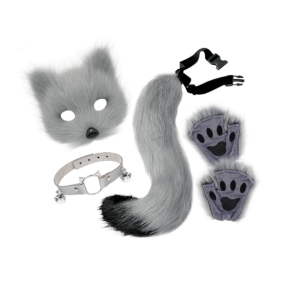Conjunto de collar y Cola de animal Yinane Máscara de Halloween para decoración de fiesta de juegos de rol gris