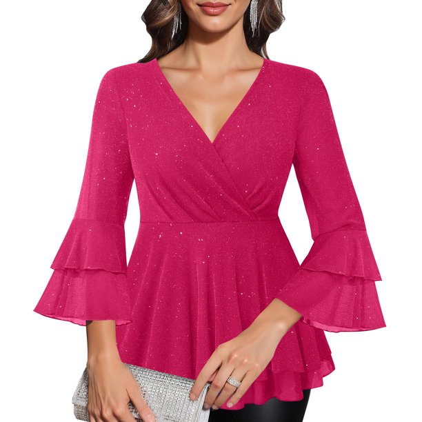 Ounisa Womens Ruffle 3/4 Sleeve V Neck Double Layers Mesh Blouses Loose Fit Flowy Tunic Tops