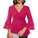 thumbnail image 1 of Ounisa Womens Ruffle 3/4 Sleeve V Neck Double Layers Mesh Blouses Loose Fit Flowy Tunic Tops, 1 of 6