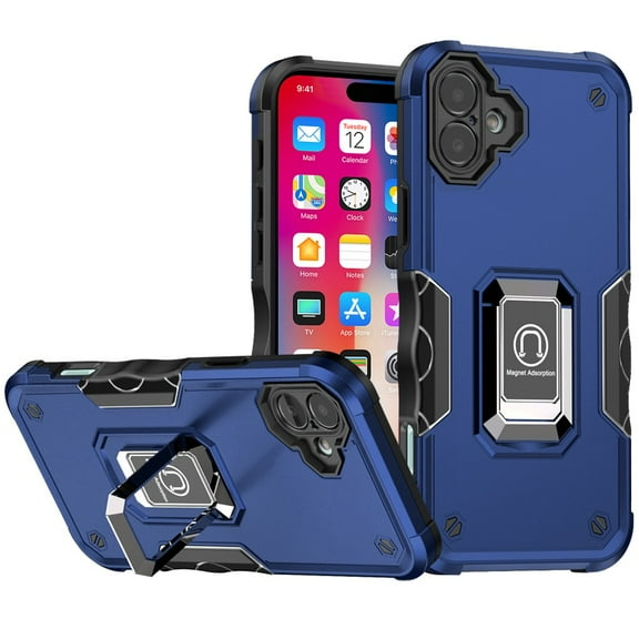 TJS for iPhone 16 Phone Case, [Military Grade] Heavy Duty Magnetic Support Ring Kickstand Cover (Blue)