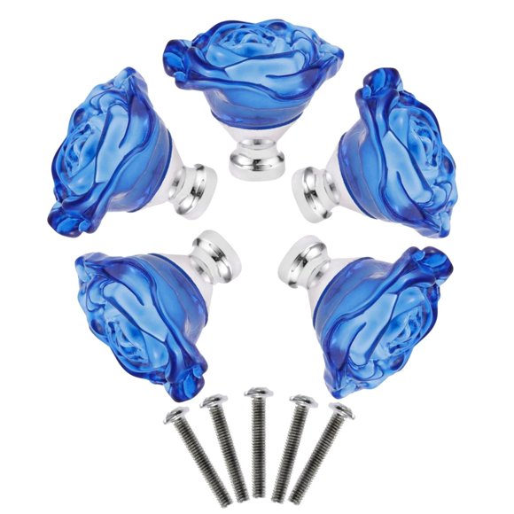 Yetaha Blue Crystal Drawer Knobs, 5PCS Rose Shape Glass Handles Flower Decorative Cabinet Pulls for Dresser Cupboard Bathroom Furniture Hardware Decoration, with Screws