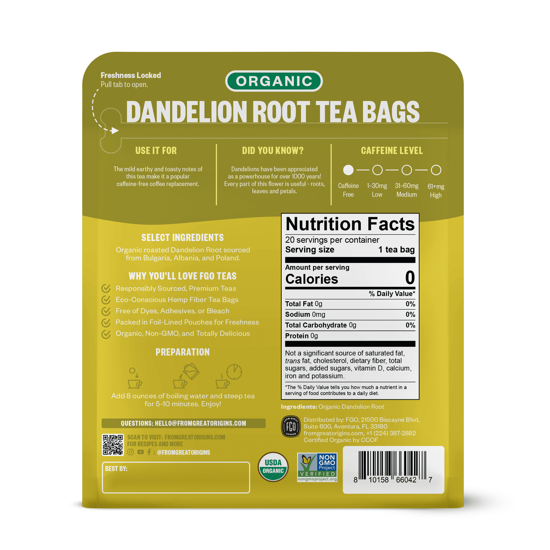 FGO Dandelion Root Tea, Organic, 20 Count