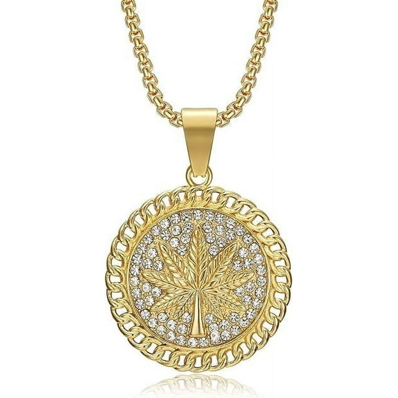 NEGS 18K Gold Plated Leaf Pendant 24'' Chain Rock Punk Hip Hop Stainless Steel Necklace for Men Women