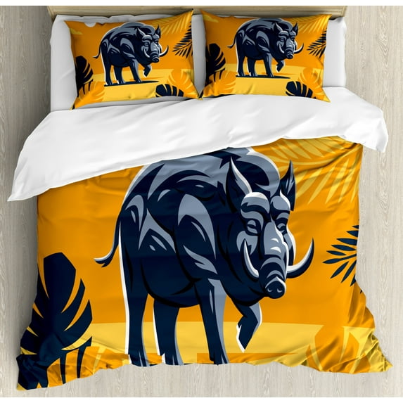 Razorback Duvet Cover Set King Size, Strong Wild Hog Boar with Tropical Leaves, Decorative 3 Piece Bedding Set with 2 Pillow Shams, Orange Dark Violet Blue Blue Grey and Mustard, by Ambesonne