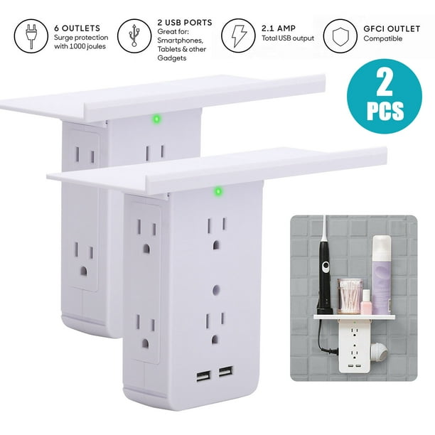 Wall Outlet Shelf Holder Charging Socket 8 Port Wall Outlet, 6 Electrical Outlet, 2 USB