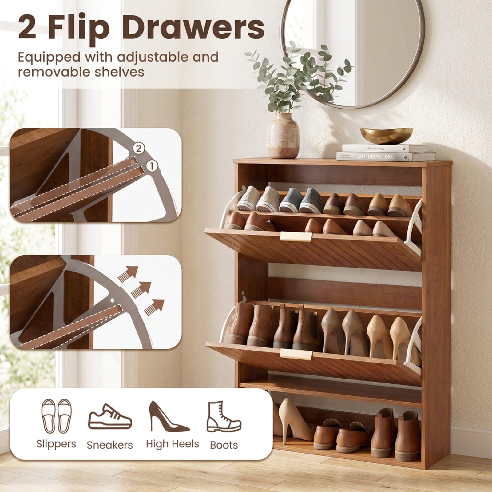 Furnibear Fluted Hidden Shoe Cabinet with 2 Flip Drawers and Open Storage for Narrow Entryway Hallway and Foyer Spaces, Walnut