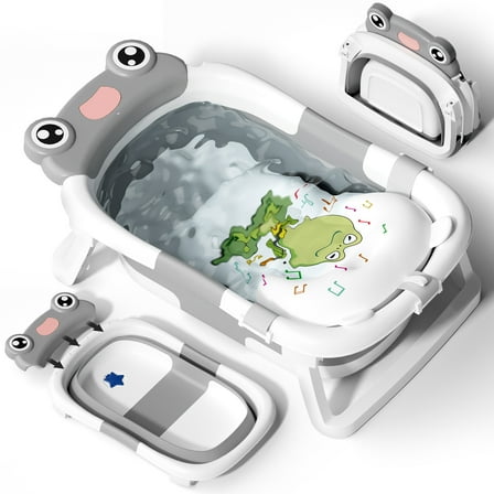 COOSEYA Baby Bathtub, Collapsible Baby Bath Tub with Cushion, Portable, Plastic, 1 Count(Frog/Grey)