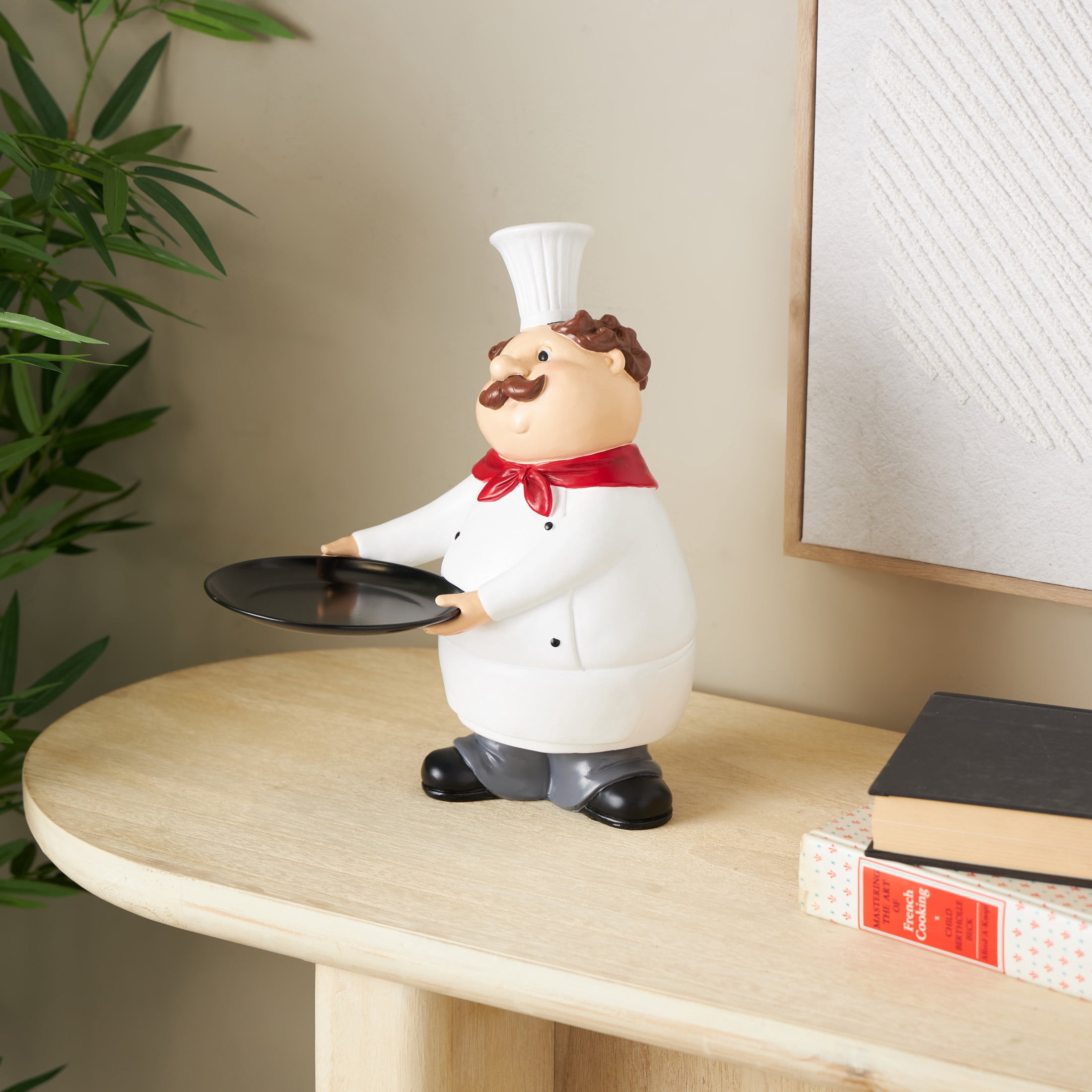 11" x 13" White Polystone Kitchen Decorative Figurine Chef Sculpture with Black Tray, by DecMode