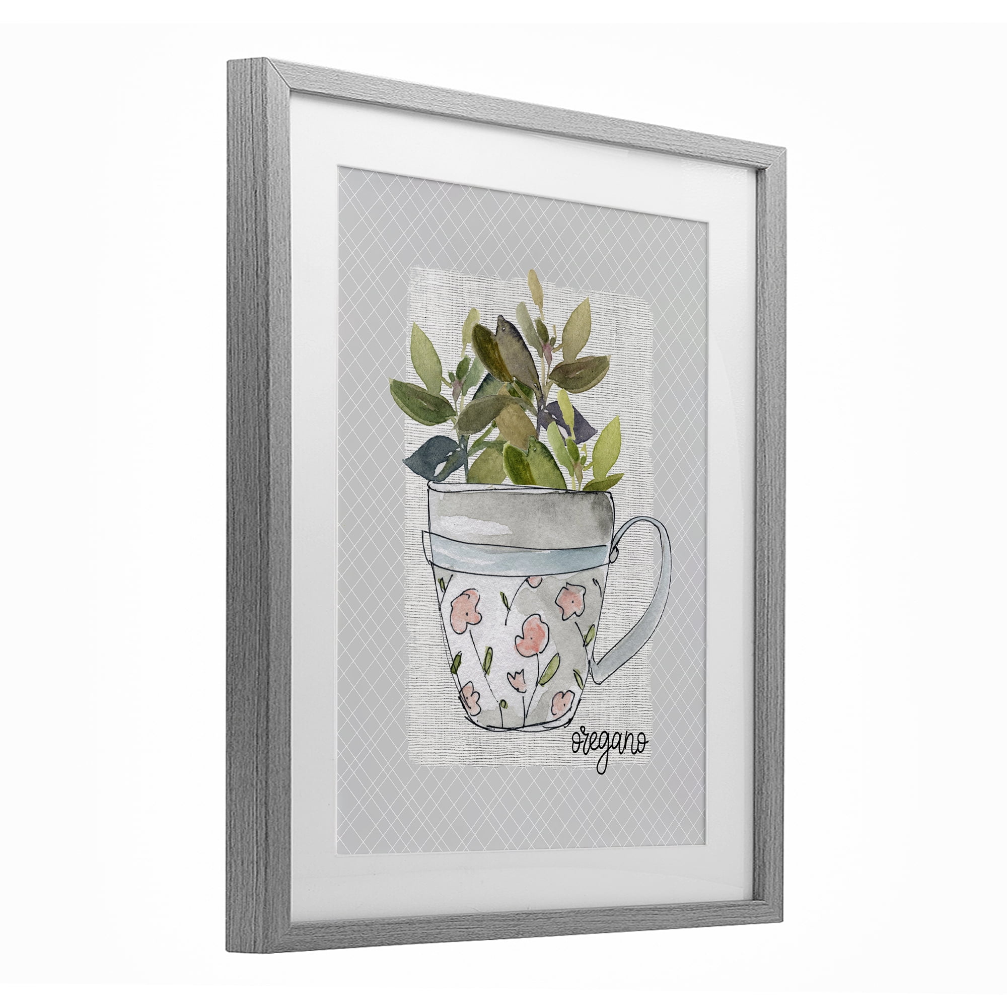 Stupell Industries Oregano Herb Mug Gray Framed Print Under Glass, design by Livi Finn