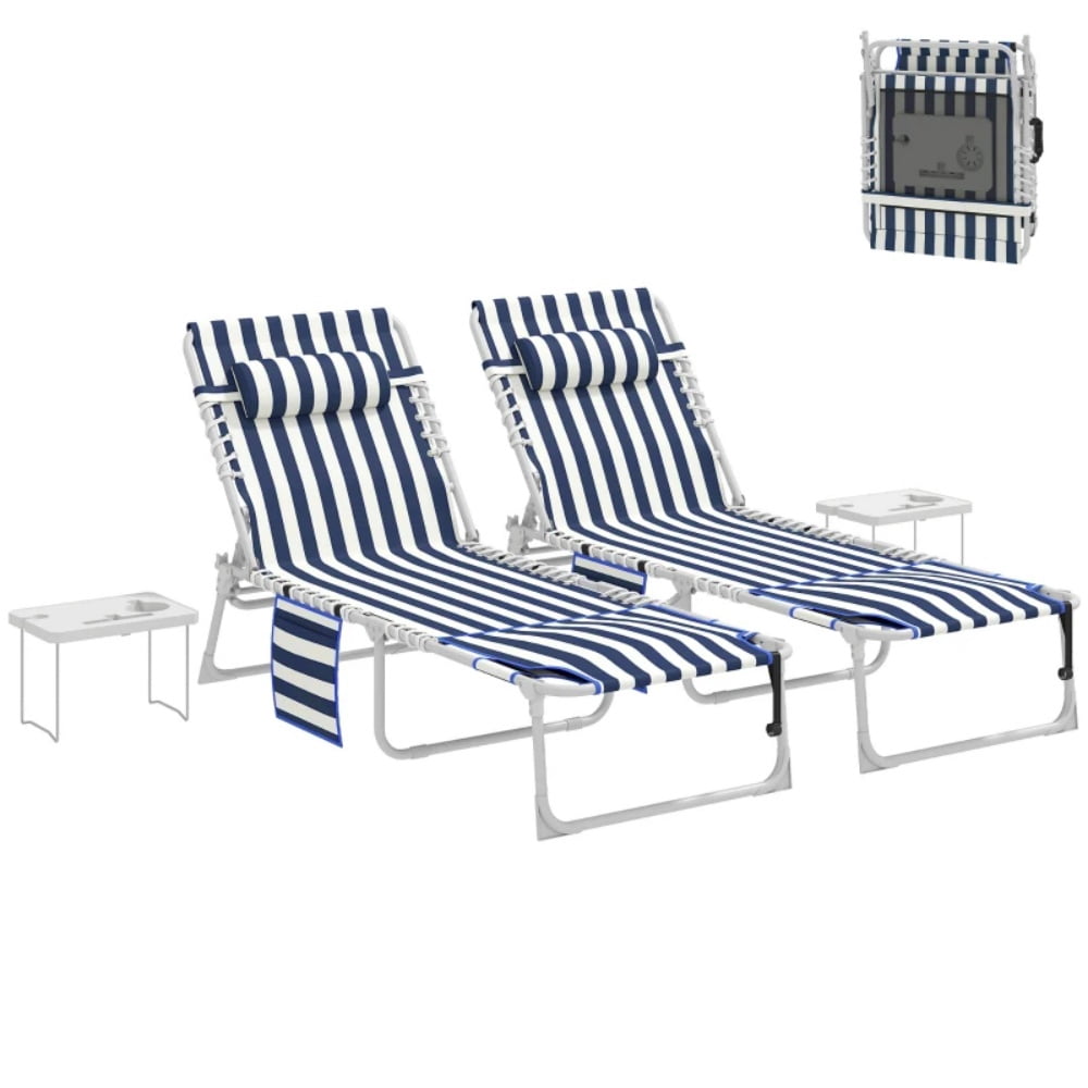 4-Piece Outdoor Lounge Set 2 Patio Loungers & 2 Folding Side Tables 5-Position Adjustable Backrest Face & Arm Holes 600D Oxford Fabric Pool Beach Chairs with Carry Strap