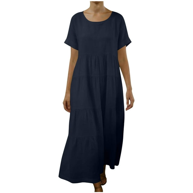 FRSASU Robe en Coton et Lin pour Femme à Manches Courtes, Col Rond, Robe Maxi Bohème, Décontractée, Été, Modeste, Longue et Fluide, Plage, Vacances, Bleu Marine, TTG (TTG)