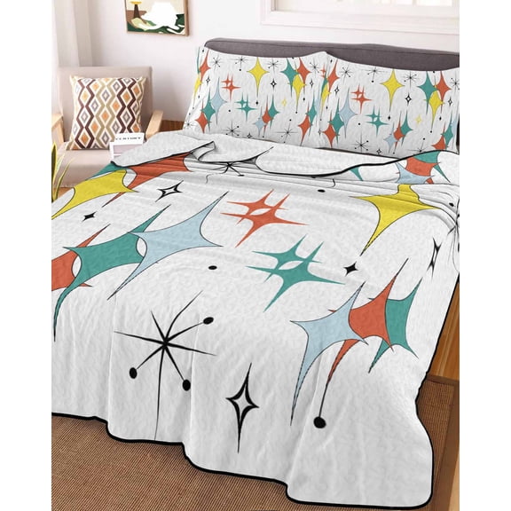 Middle Century Queen Size Down Alternative Comforter, Lightweight Comforter Quilt Bedding Set with Pillow Shams Boho Abstract Art Teal Orange Rhomboid All Seasons Bed Comforter Duvet Insert 90"x96"