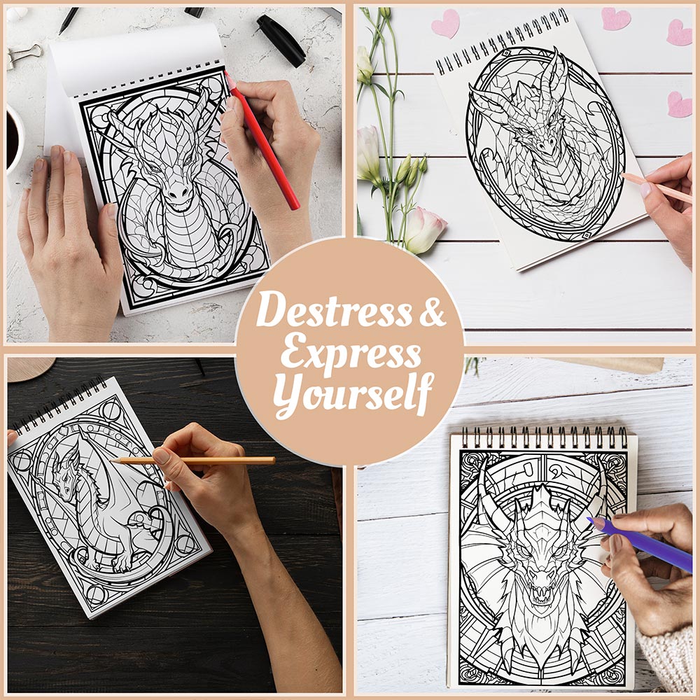Netecom Dragon Stained Glass Coloring Book Spiral Bound For Adults, A5 Wooden Cover, 30 Enchanting Coloring Pages of Majestic Dragons in Stained Glass Patterns for Stress Relief and Relaxation