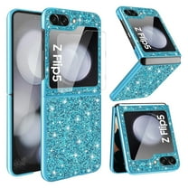 Dteck for Samsung Galaxy Z Flip 5 Case with Small Screen Protector, Z Flip 5 Glitter Case for Women Girls, Ultra Slim Plating Bumper Bling Shockproof Protective Cover for Samsung Galaxy Z Flip5,Blue