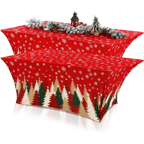 2 Pcs Christmas Stretch Table Cover 6 Feet Red Green and Gold Xmas Spandex Table Clothes Christmas Trees Snowflake Party Decorations for Holiday Party Celebration Picnic Dinner Decor