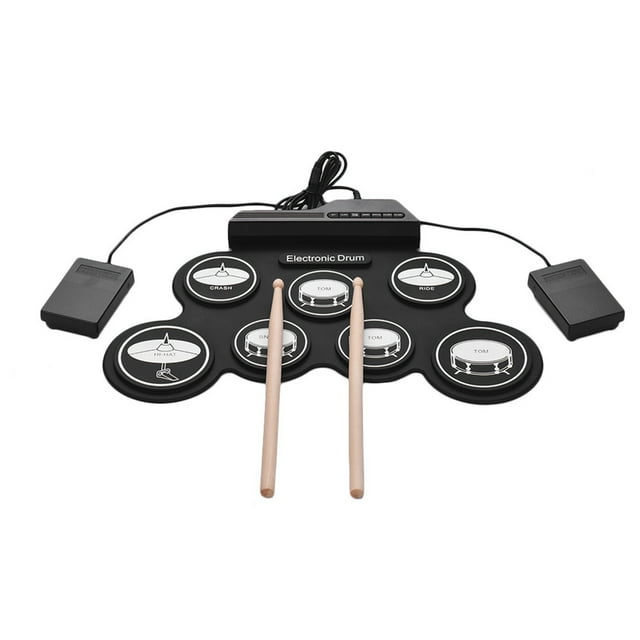 Juego de BateríA EléCtrica de 7 Almohadillas, BateríA PortáTil Enrollable Almohadilla de PráCtica Juego de BateríA con Pedales de BateríA , Regalo para NiñOs y Adultos