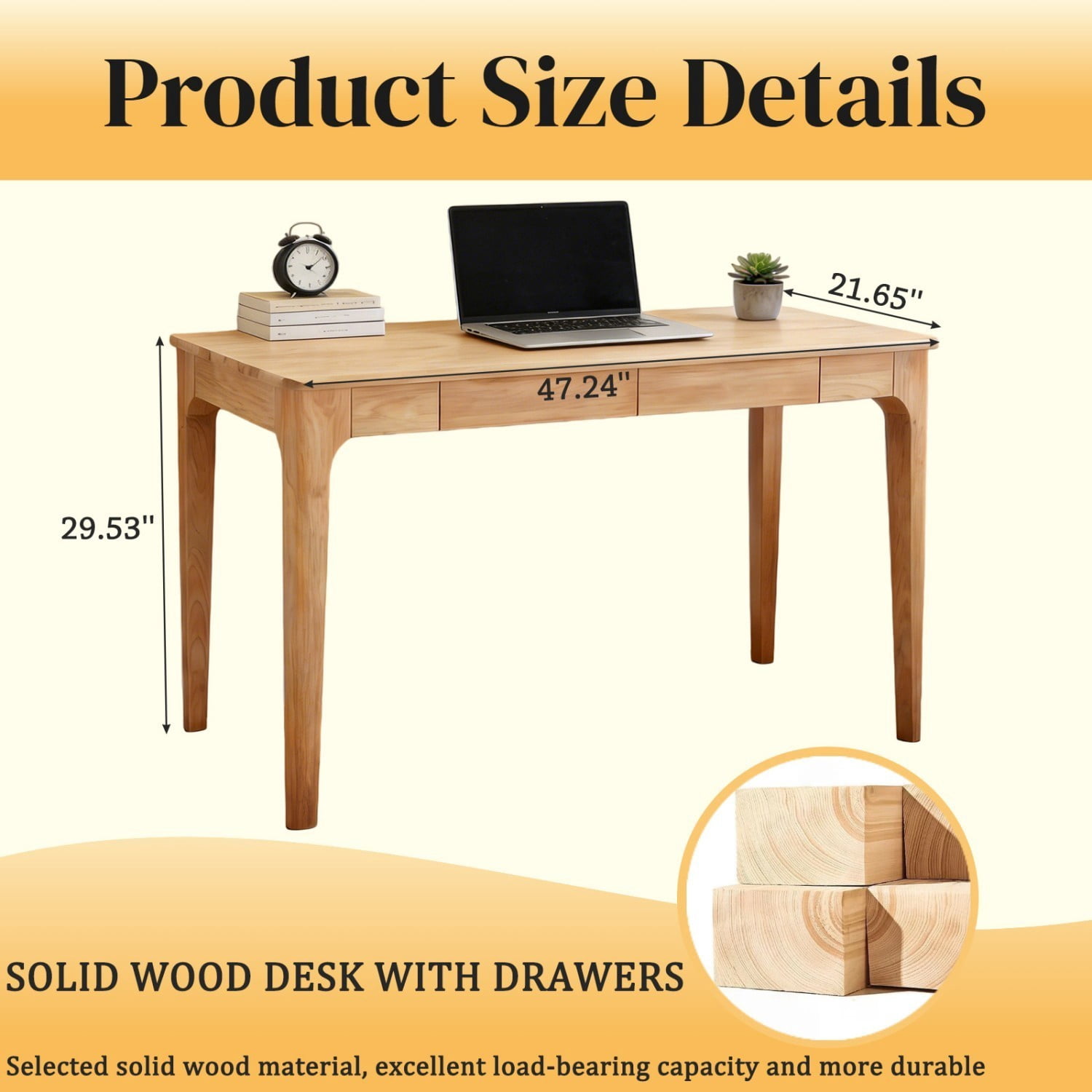 Solid Wood Desk with Drawers 47" Mid Century Modern Writing Desk Home Office Study Table for Bedroom Living Room, Wood