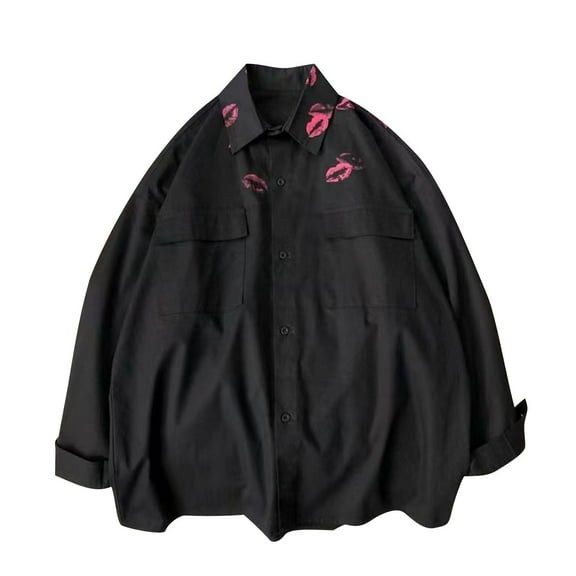 TFEOQRY Men's Oversized Shirt Long Sleeve Button Down Lip Print Pockets Casual Streetwear Loose Top Black