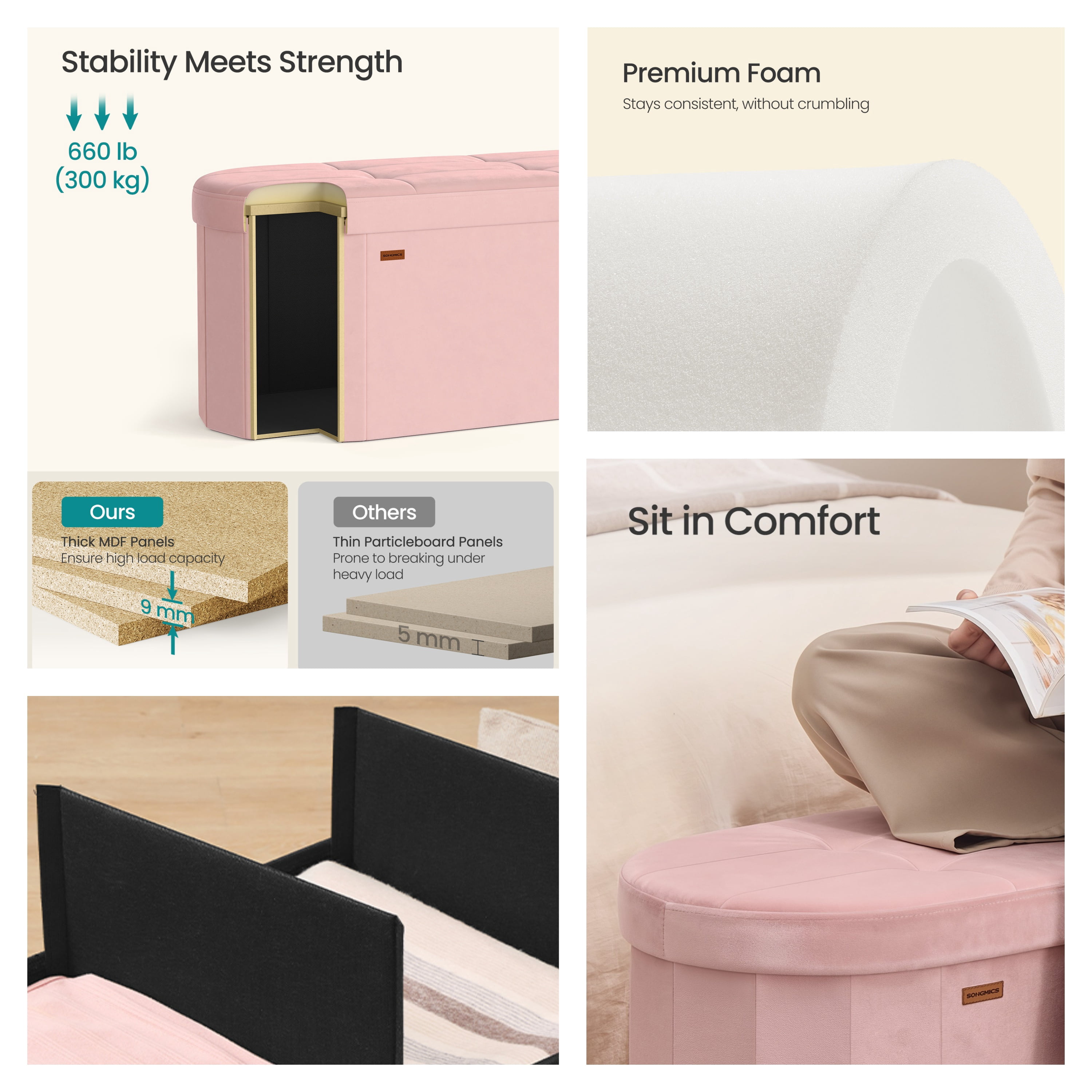 LEDREM 43" Foldable Storage Ottoman Bench, Velvet Fabric Ottoman with 2 Internal Dividers, Footrest for Bedroom Living Room