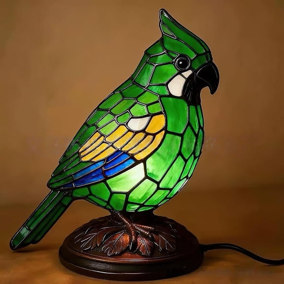 Handmade Cardinal Lamp with Gift Bag, Stained Glass Red Bird Night Light for Bedroom Living Room Christmas Decoration, Resin Cardinalis Table Desk Lamp (Green)
