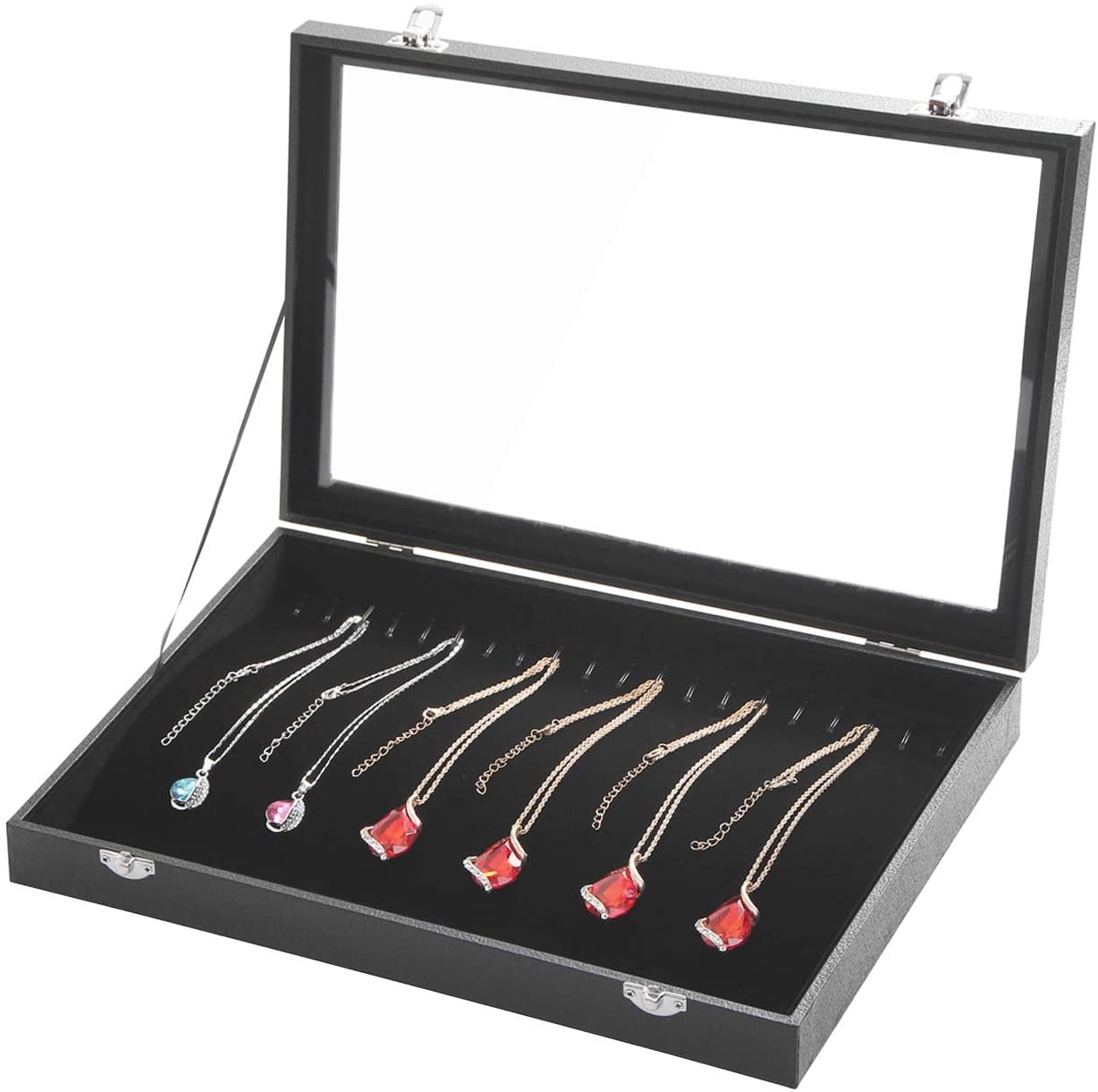 QWZNDZGR Glass lid 20 Hooks Necklace Tray Jewelry Organizer Necklace