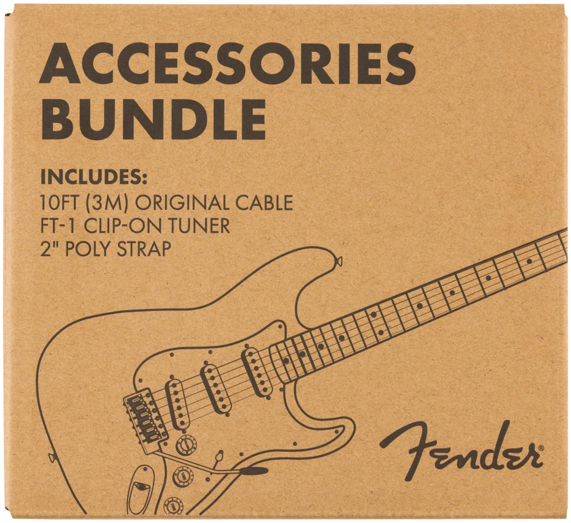 Fender Accessory Essentials Pack Bundle with Instrument Cable, Clip-On Tuner, Guitar Strap, 3-Pack Guitar Picks, and Austin Bazaar Polishing Cloth
