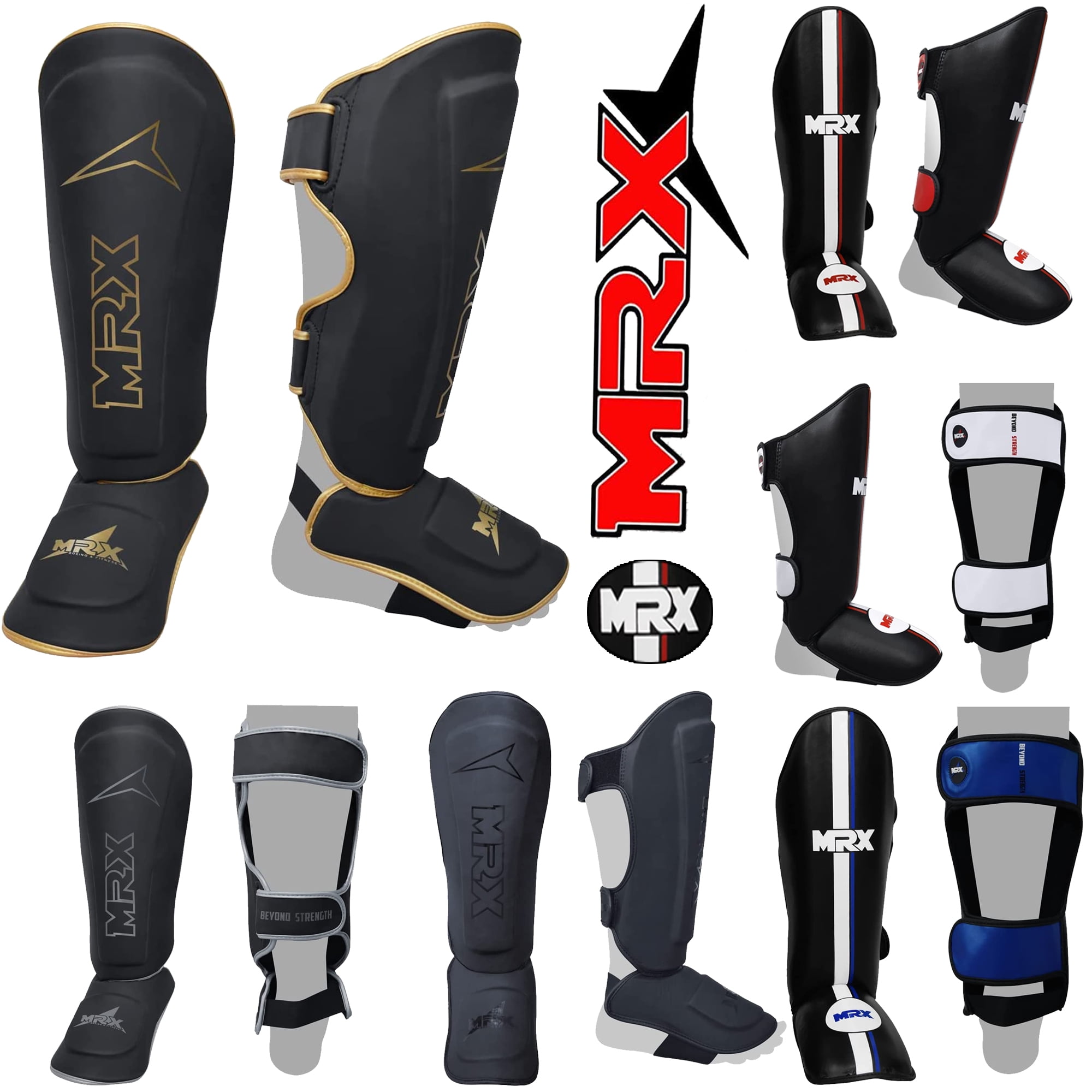 MRX BOXING & FITNESS Shin Guards & Shin Instep Pads for Boxing MMA Muay Thai Kickboxing Training Workout Extra Padding with Deluxe Embossed Design Protective Gear Men Women Shin & Foot Protector 
