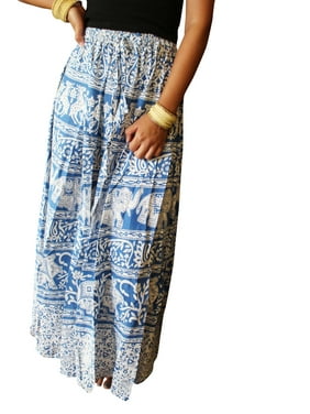 Mogul Women Maxi Long Skirt, Blue Block Printed A-Line Cotton Summer Style Summer Ethnic Skirts S/M