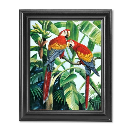 Two Scarlet Macaw Parrott Birds in Palm Tree Wall Picture Black Framed
