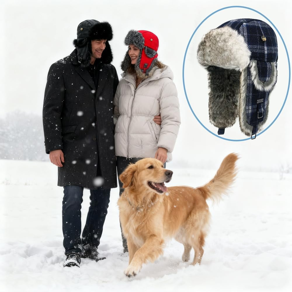 Fur Winter Trapper Hat,Wool Faux Fur Aviator Ski Trapper Trooper Pilot Snow Eskimo Hat with Ear Flaps for Men & Women