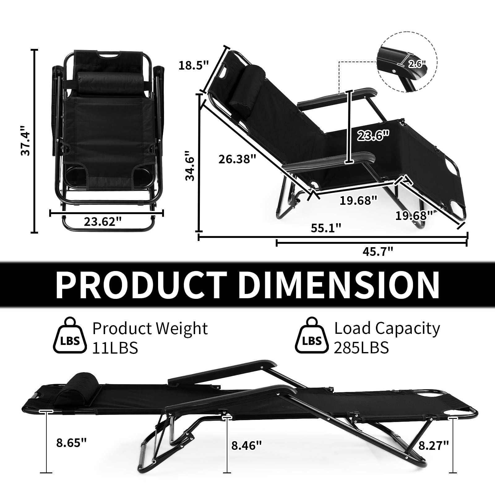 UBesGoo 2-Position Adjustable Backrest Chaise Chair, Lightweight Tanning Chair with Pillow, Sun Recliner for Indoor Outdoor - Black