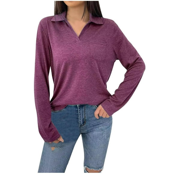 HKEJIAOI T-Shirts à Manches Longues pour Femmes, Col à Revers en V, Coupe Ample, Tunique Décontractée, Chandail à Enfiler avec Poche, Rose Vif m