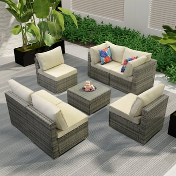 Ainfox 7 Pcs Outdoor Patio Furniture Sofa Set on Sale, Black-Blue