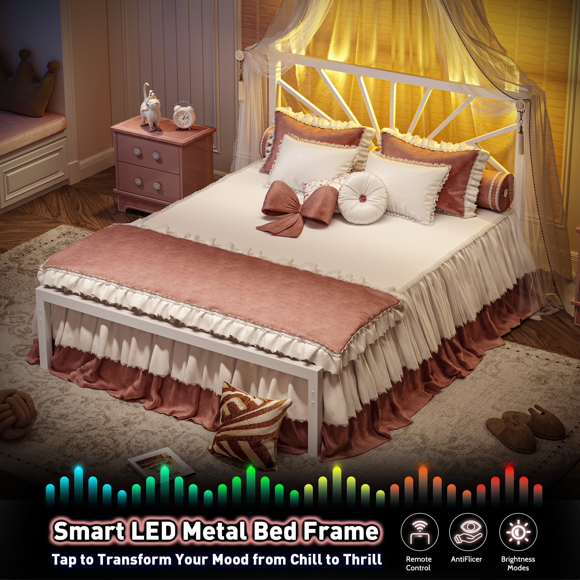 Full Size Metal Bed Frame with Headboard Metal Platform & LED Lights & Storage Underbed, Noise Free, No Box Spring, White