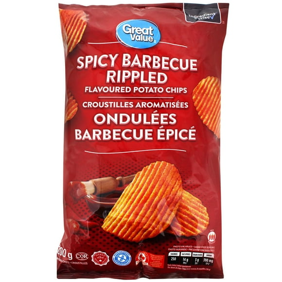 Great Value Spicy Barbecue Rippled Flavoured Potato Chips, 200 g