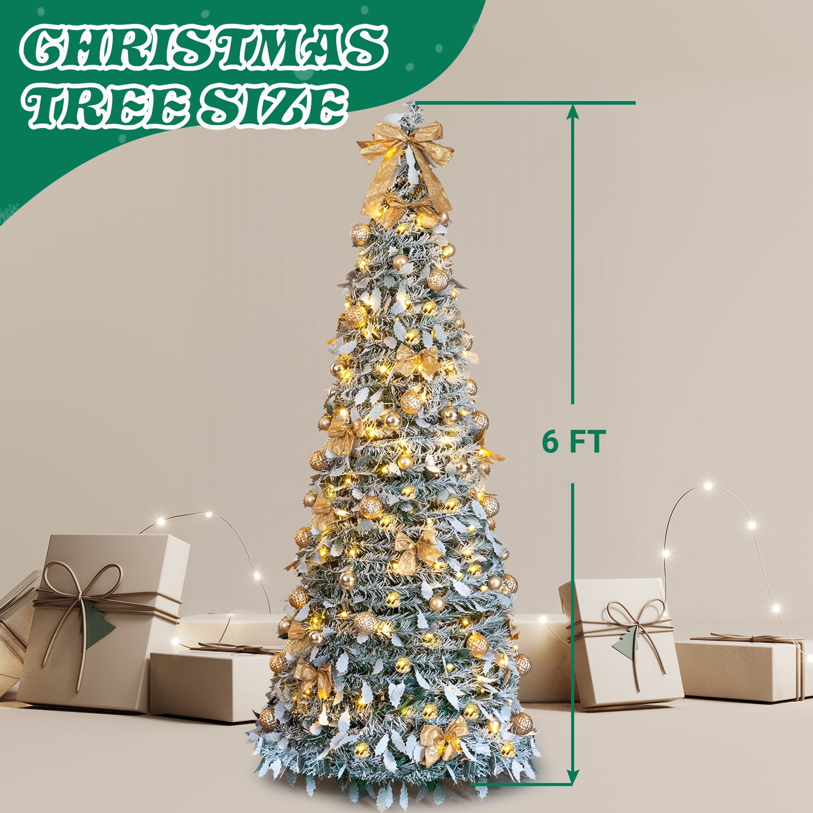 Astoutdoor 6 ft Snow Flocked Pre-lit Artificial Pop Up Christmas Tree with 100 Warm Lights and Golden Ornaments, Snowy Green