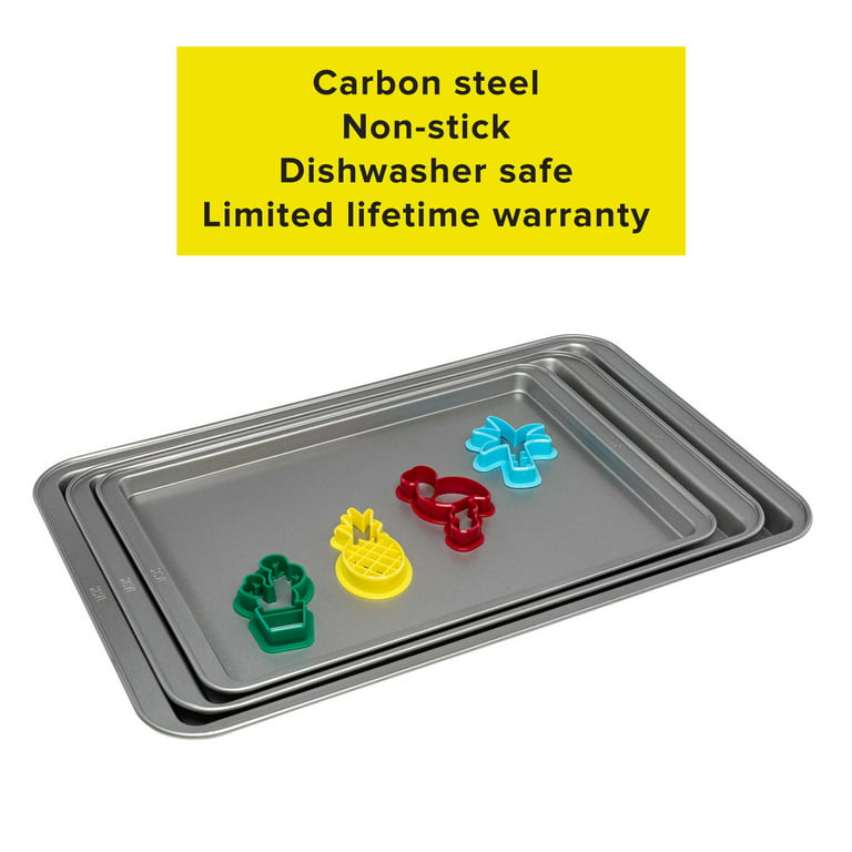 Tasty Carbon Steel Non-Stick 3 Piece Baking Sheet Set with Cookie Cutters,  Multicolor 