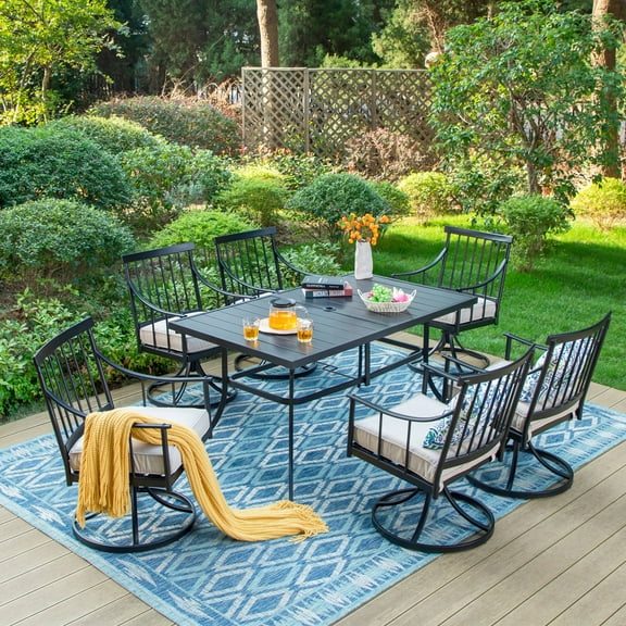 Summit Living 7-Piece Outdoor Patio Dining Set with Swivel Chairs for 6-Person,  Thick Cushions, Black & Beige